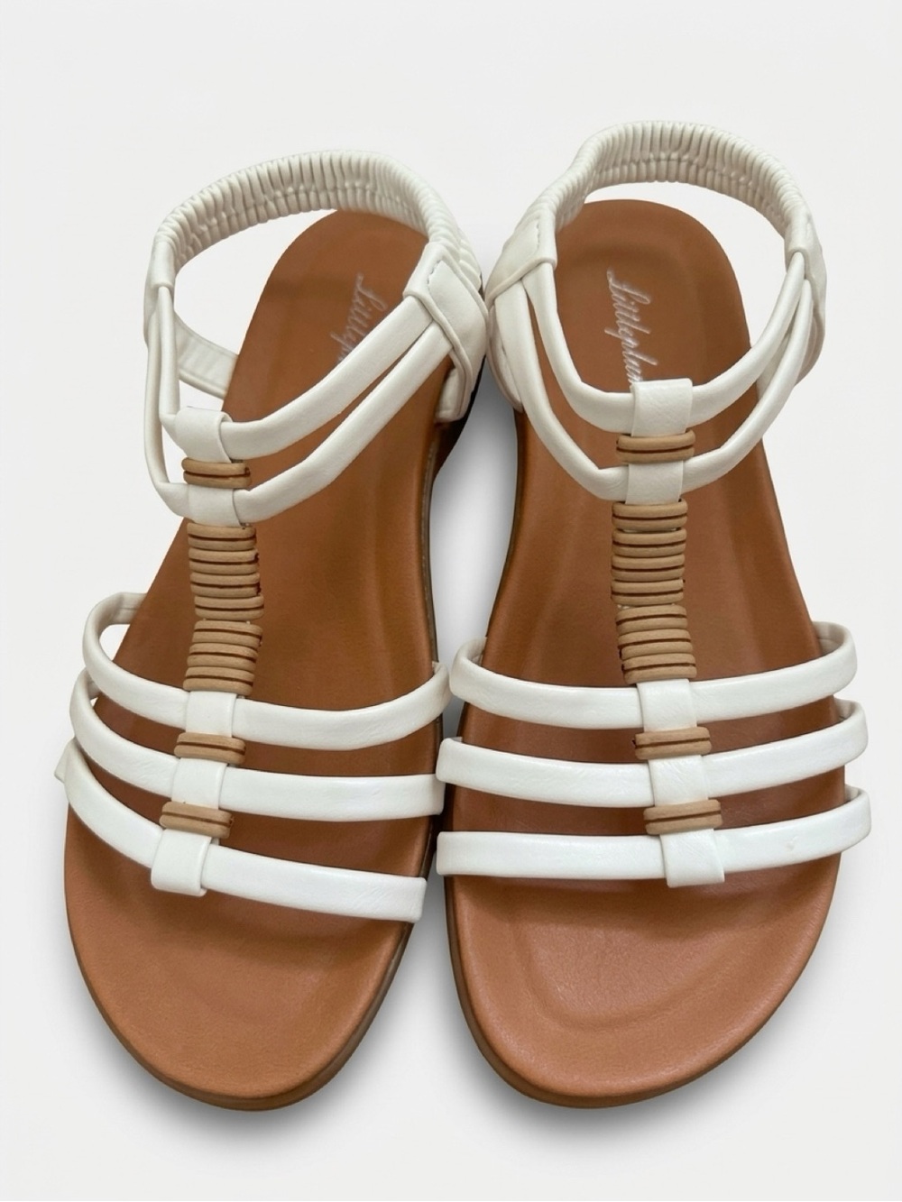 Littleplum White Strappy T-Style Sandals with Tan Footbed